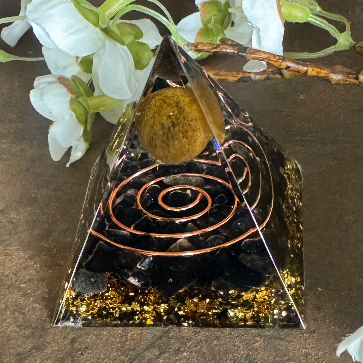 Grounded Power Orgonite Pyramid – Black Obsidian, Tiger’s Eye & Copper Spiral (Approx. 5cm)