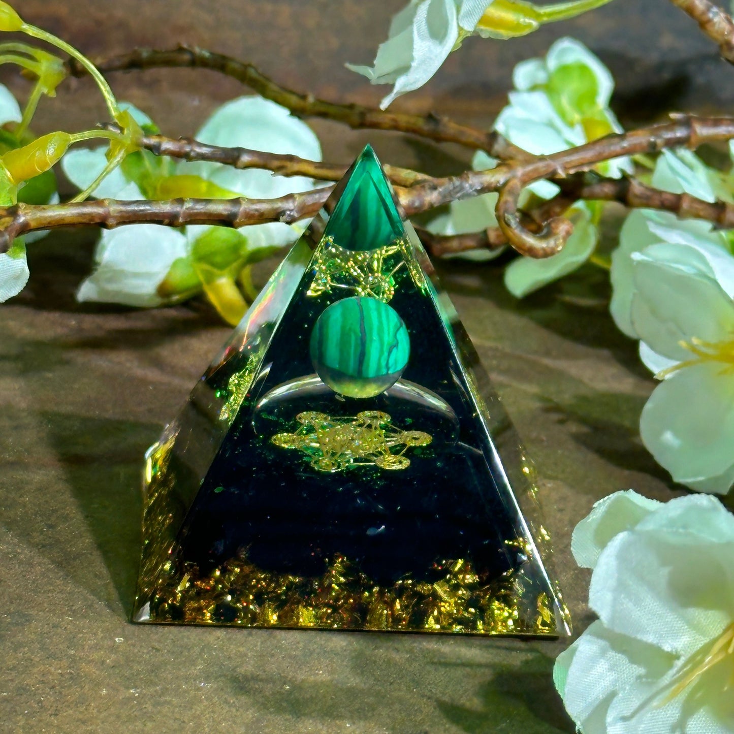 Malachite & Black Obsidian Orgonite Pyramid with Metatron’s Cube (Approx. 5cm)