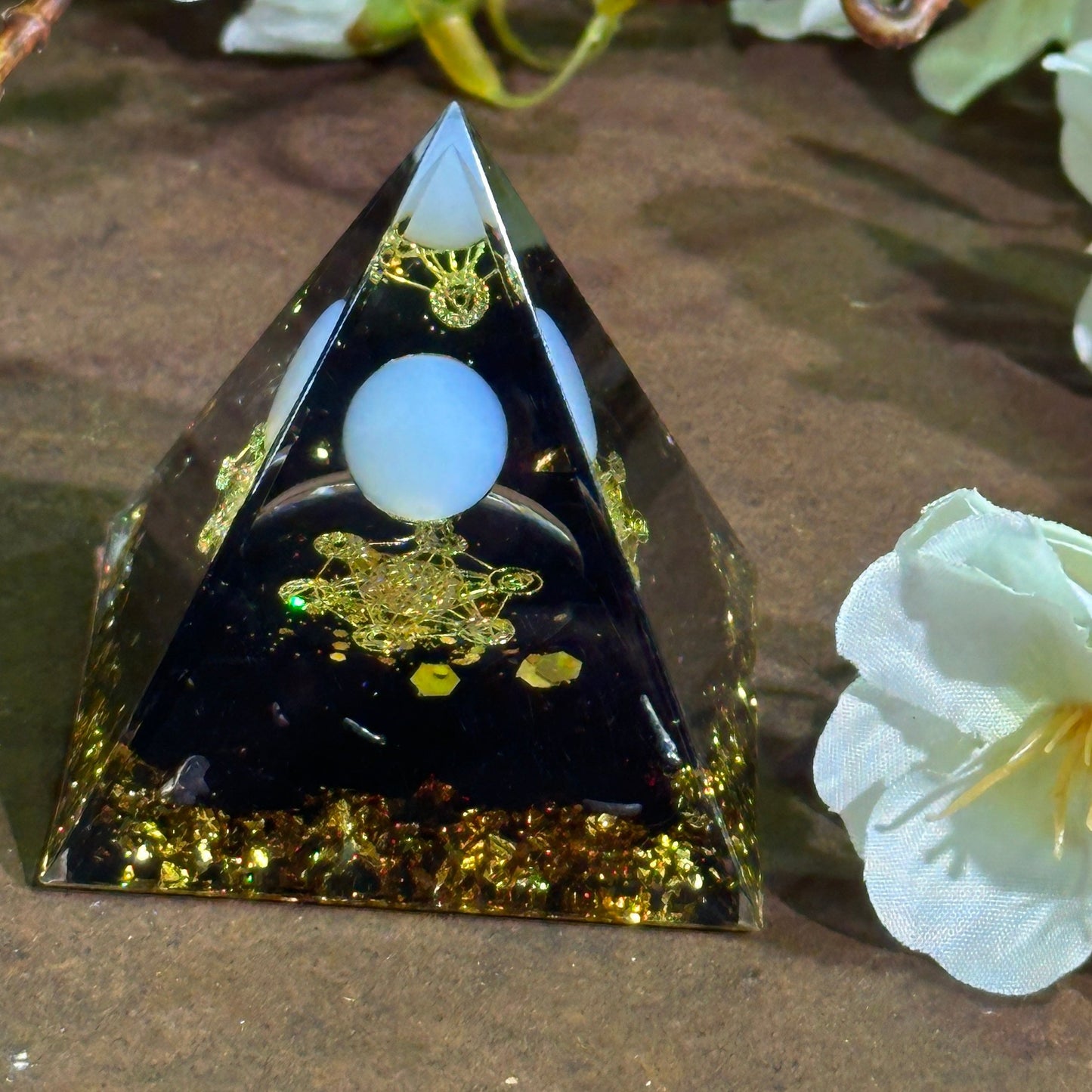 Merkabah Orgonite Pyramid with Opalite & Black Obsidian (Approx. 5cm)