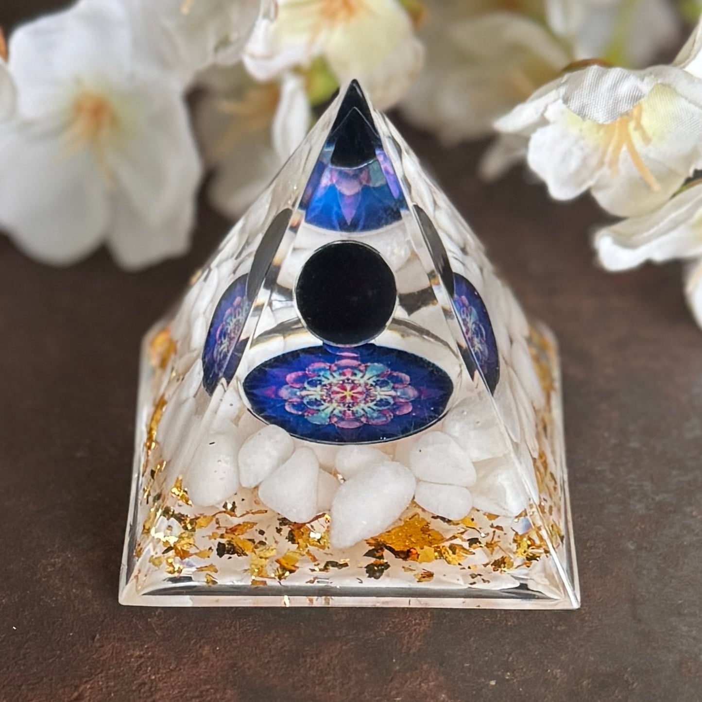 Orgonite pyramid flower of life with black obsidian and seashell for energy cleansing, spiritual protection, grounding, and emotional healing