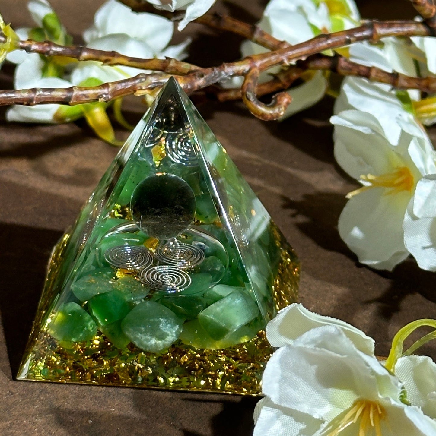 Smoky Quartz & Green Aventurine Triskelion Orgonite Pyramid – Grounding, Protection & Abundance