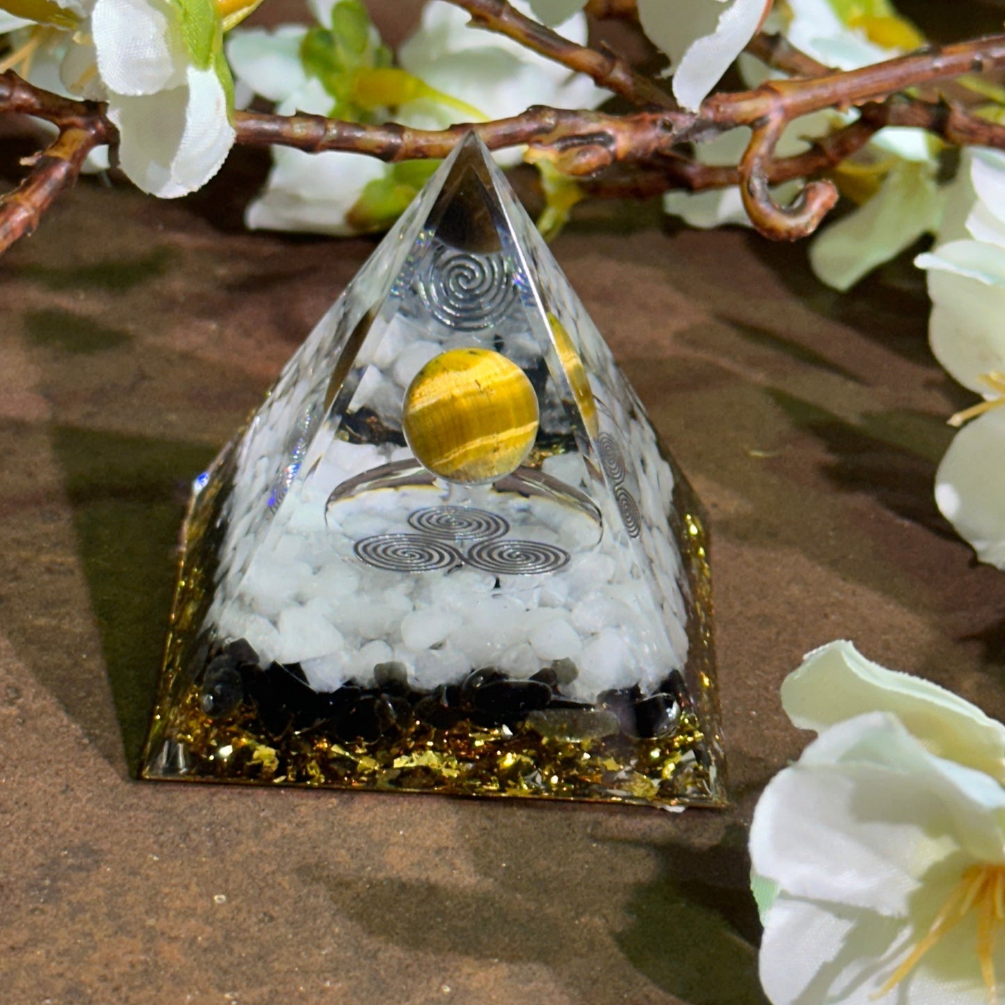 Tiger’s Eye, Howlite & Obsidian Orgonite Pyramid with Triskelion – Strength, Balance & Protection