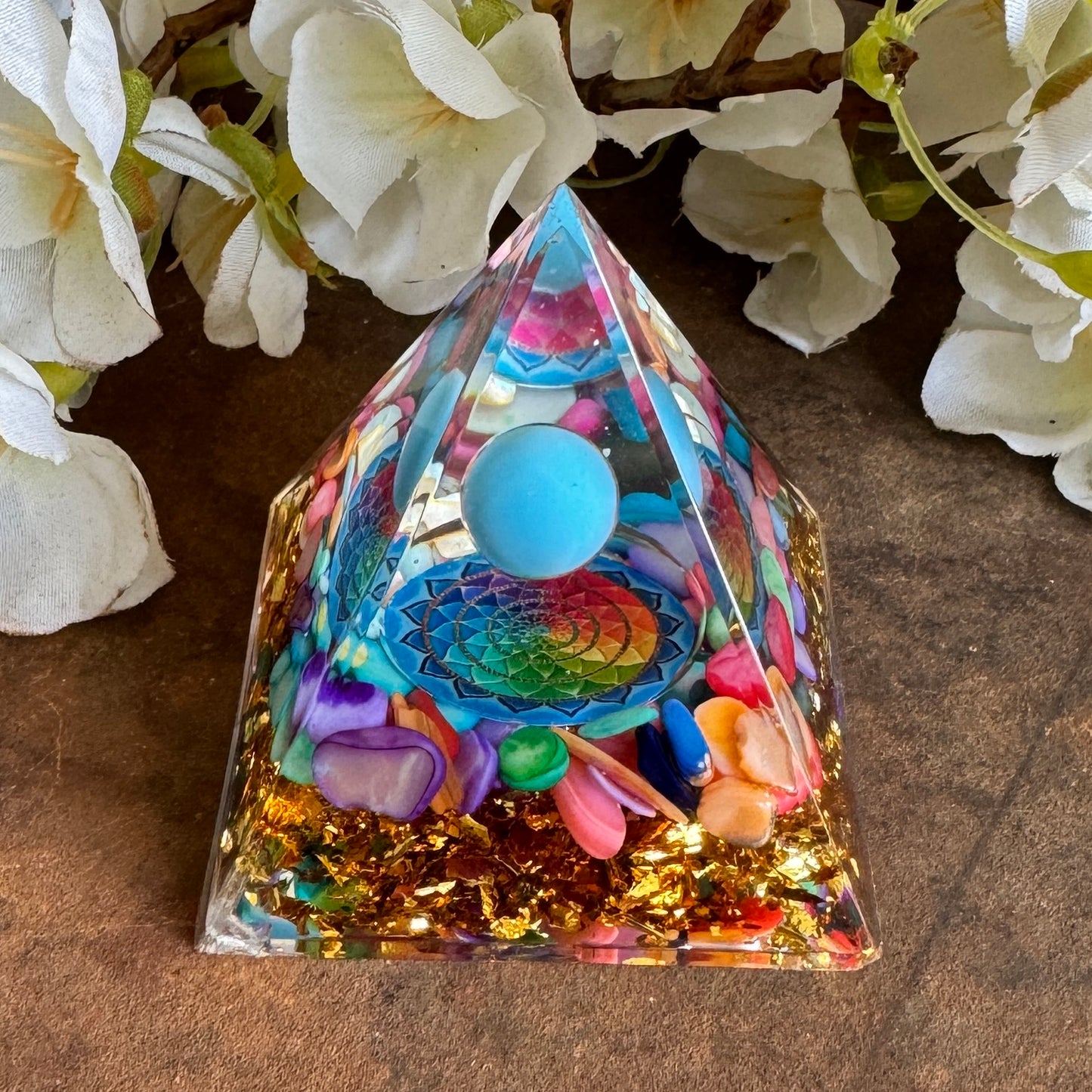 Turquoise and seashell Orgonite pyramid for spiritual protection, energy cleansing, calm, and emotional balance