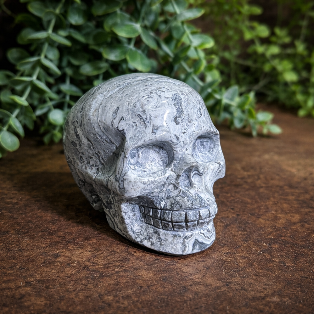 Picasso Stone Skull crystal carving for grounding, emotional healing, creativity, protection and spiritual energy.