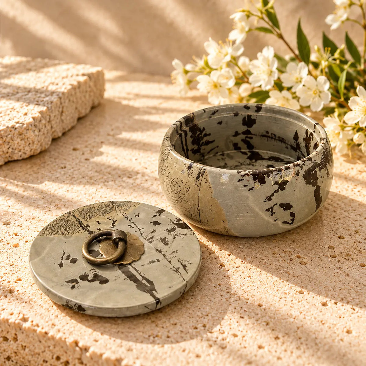 Picture Jasper bowl with lid A, exact piece with earthy natural landscape-like patterning