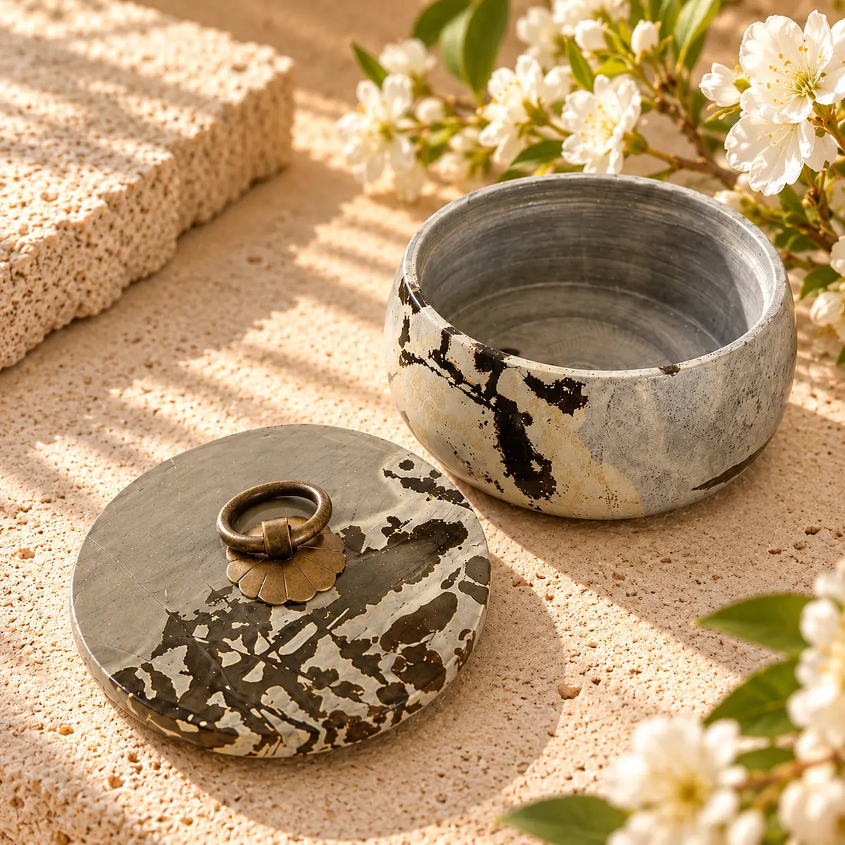 Picture Jasper bowl with lid C, exact piece with earthy natural landscape-like patterning