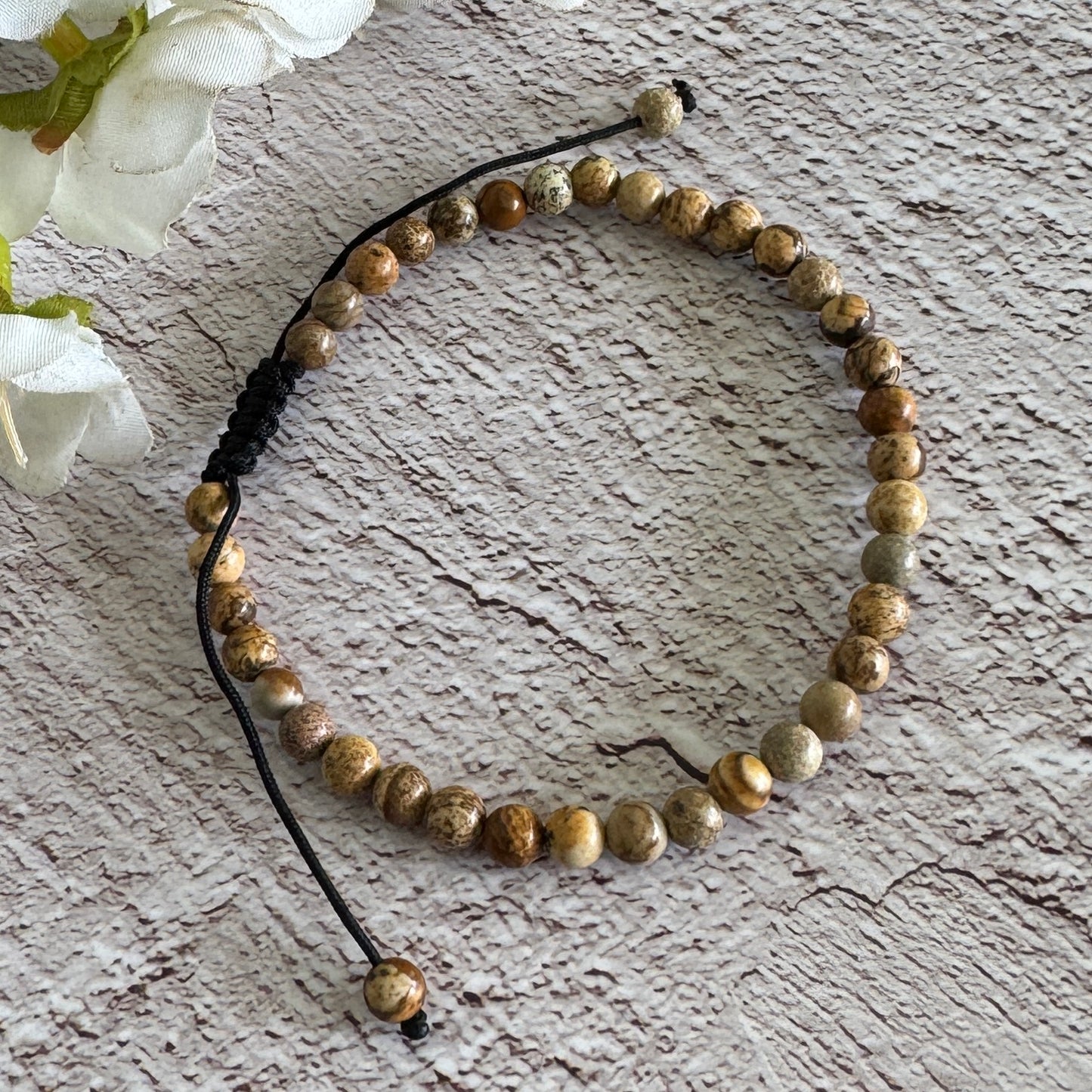 Picture Jasper 4mm crystal bracelet adjustable unisex for grounding energy, emotional balance and spiritual jewellery daily wear