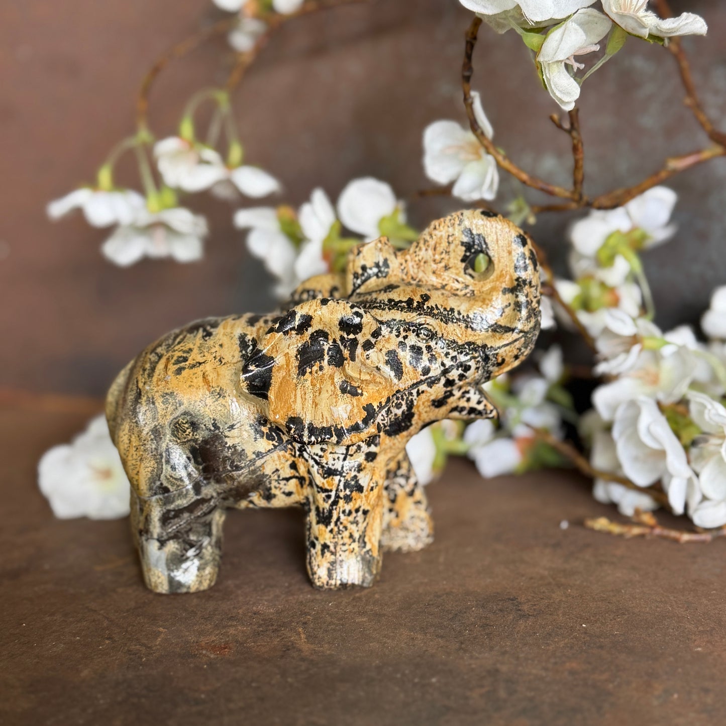 Picture Jasper Crystal Elephant carving for grounding energy, protection, emotional balance, strength and spiritual décor.