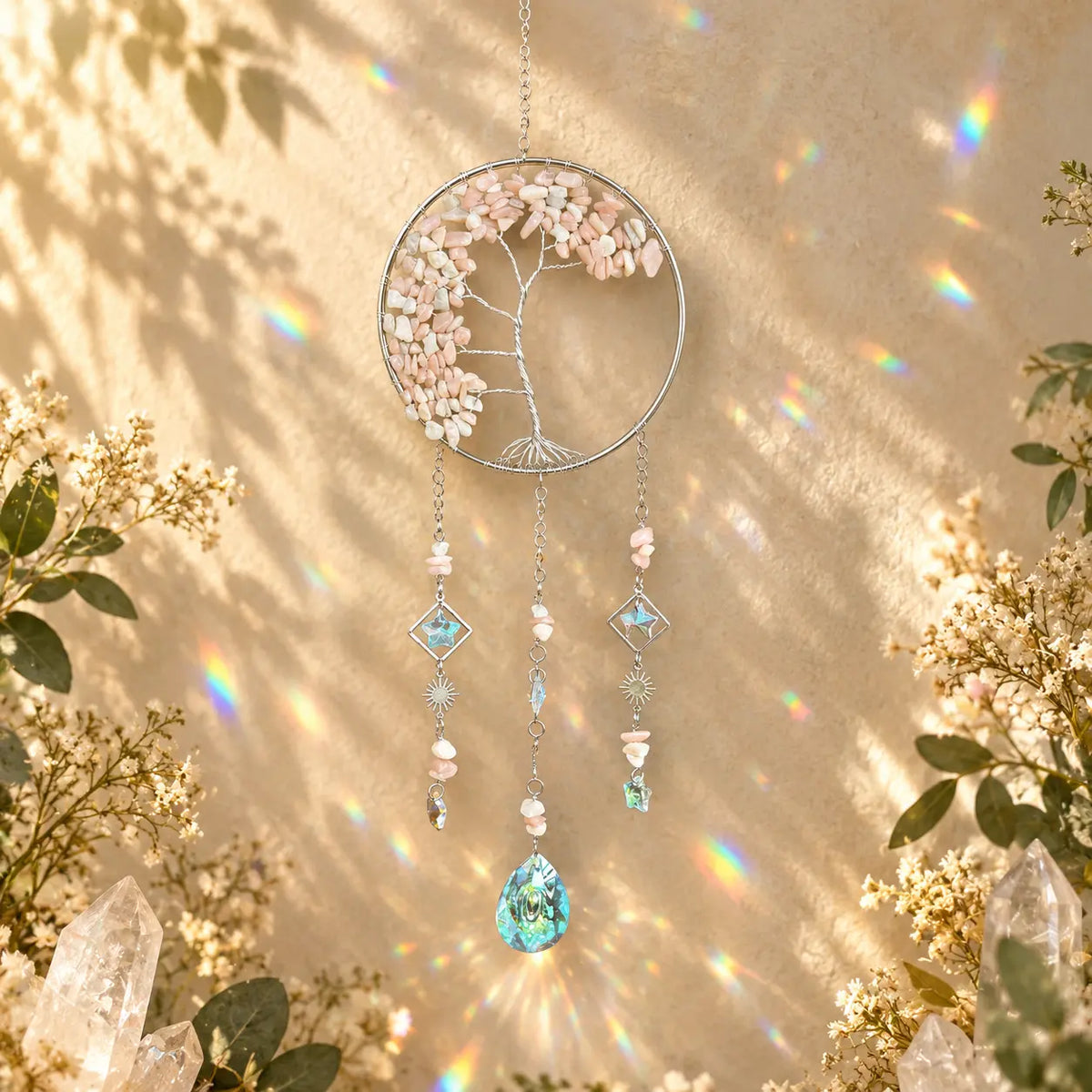 Pink Opal Tree of Life crystal suncatcher with soft pink gemstones and tree design