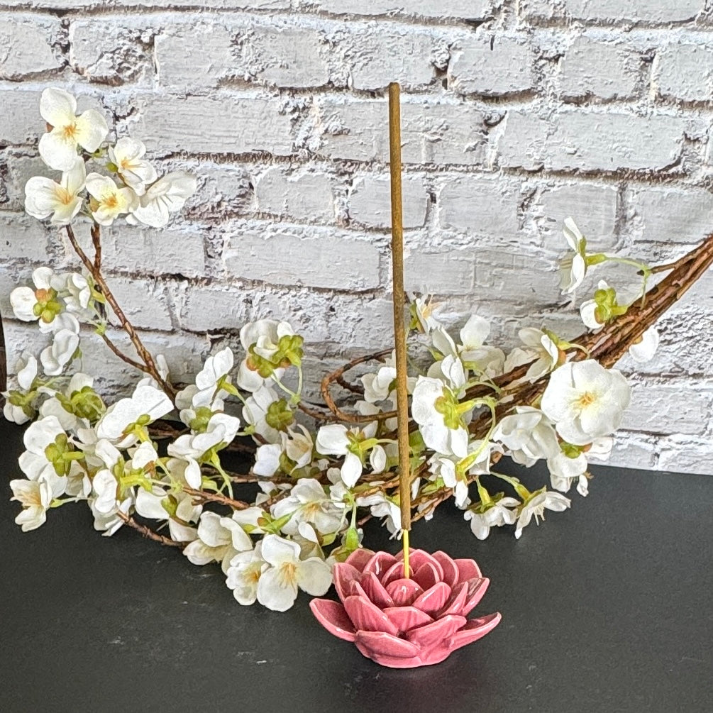 Pink Water Lily ceramic incense holder for emotional healing, calm, mindfulness, and spiritual harmony