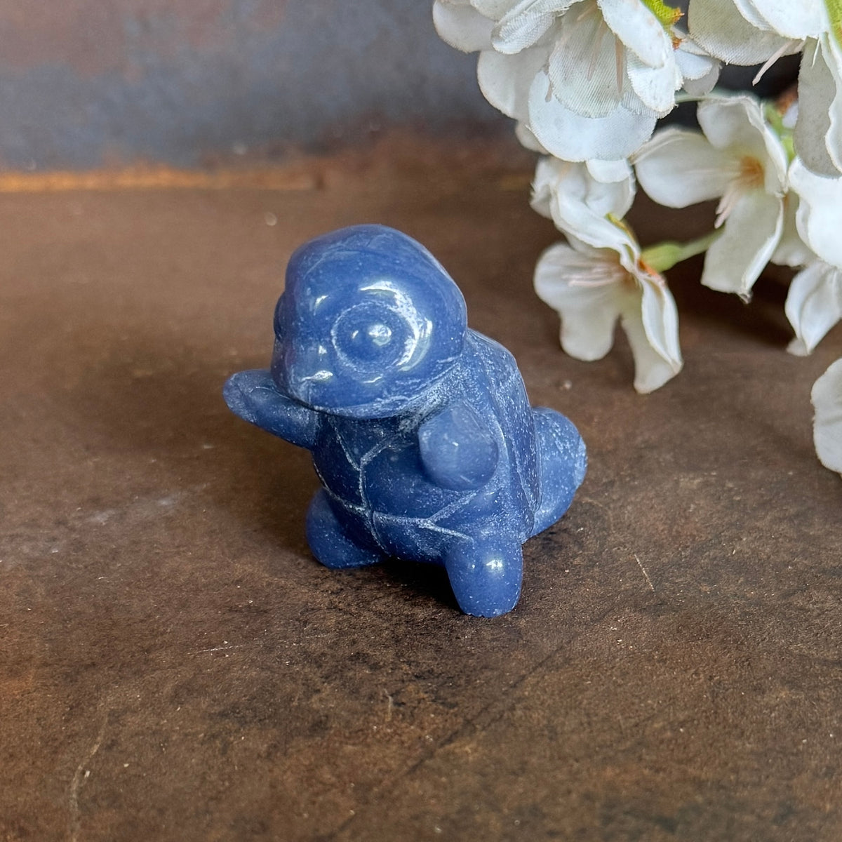 Blue Aventurine Squirtle-inspired crystal carving in soft blue-grey stone with natural colour variation