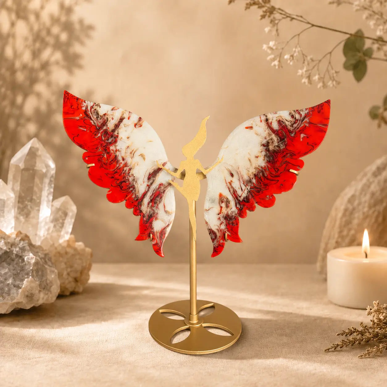 Red Flame Agate Crystal Wings – Joyful Fairy Stand