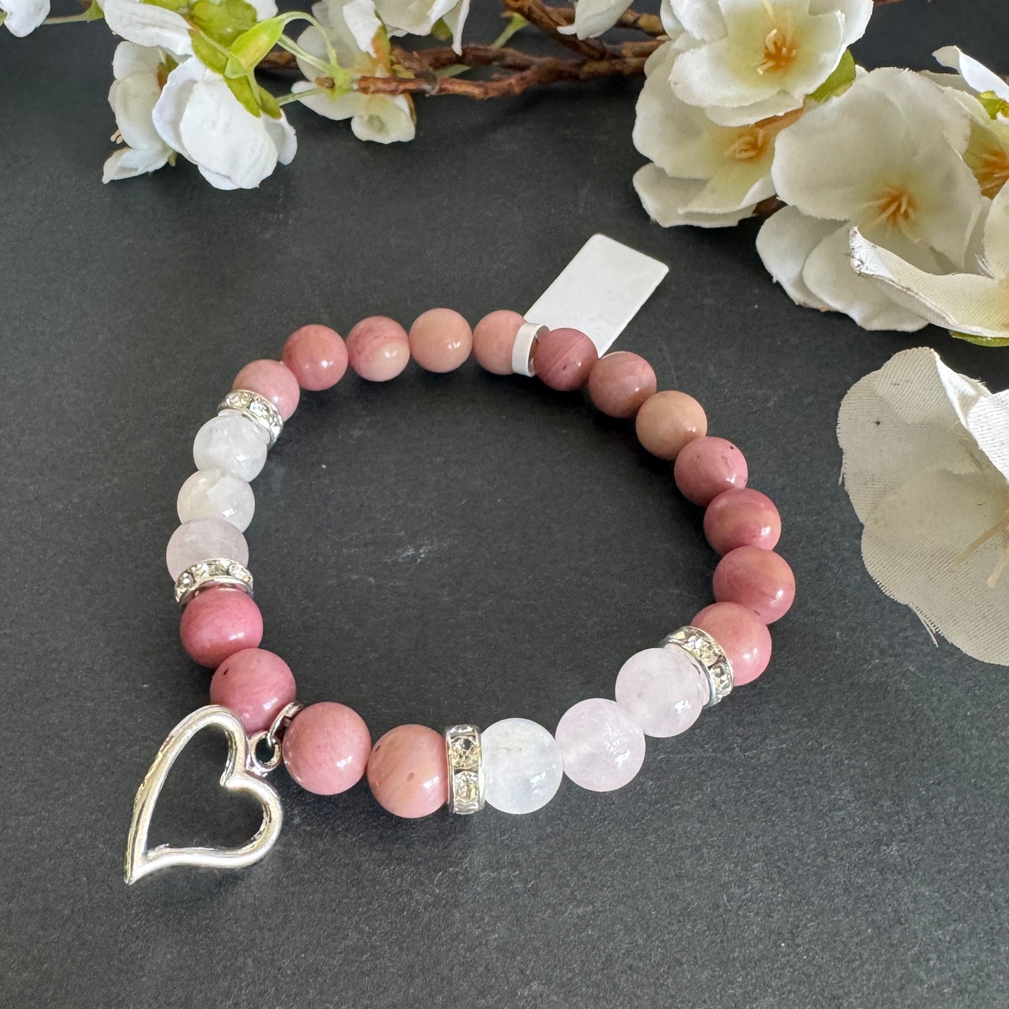 Rhodonite and Rose Quartz spiritual bracelet with heart charm for love, emotional healing, and compassion