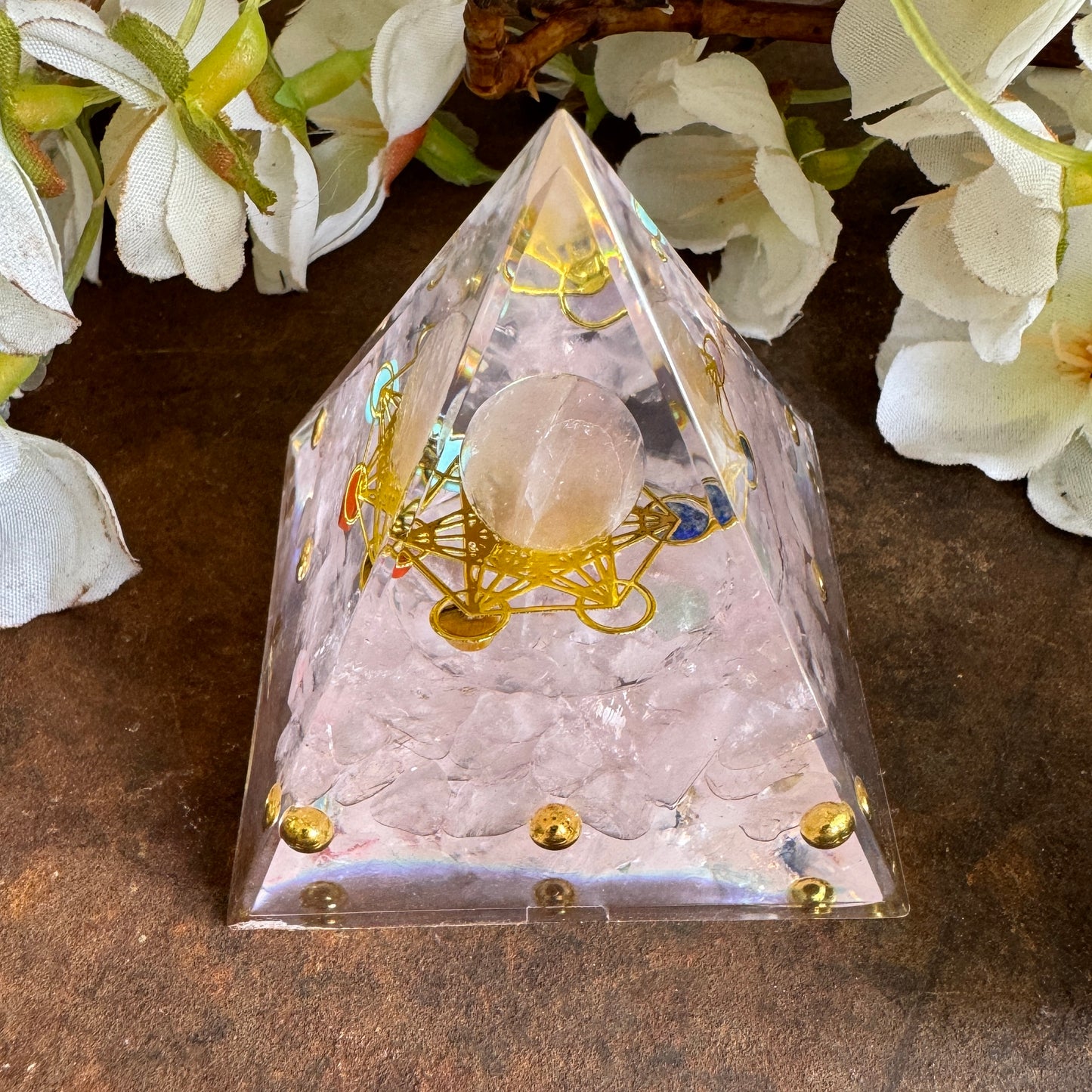 rose quartz orgonite pyramid metatrons cube for love, emotional healing, sleep support, and inner peace