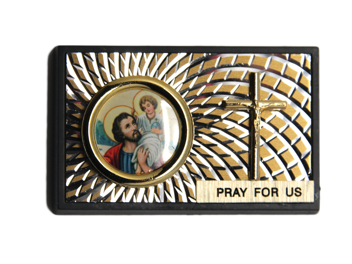 St. Christopher Round Car Plaque with Crucifix (Plastic – 65 x 40mm)