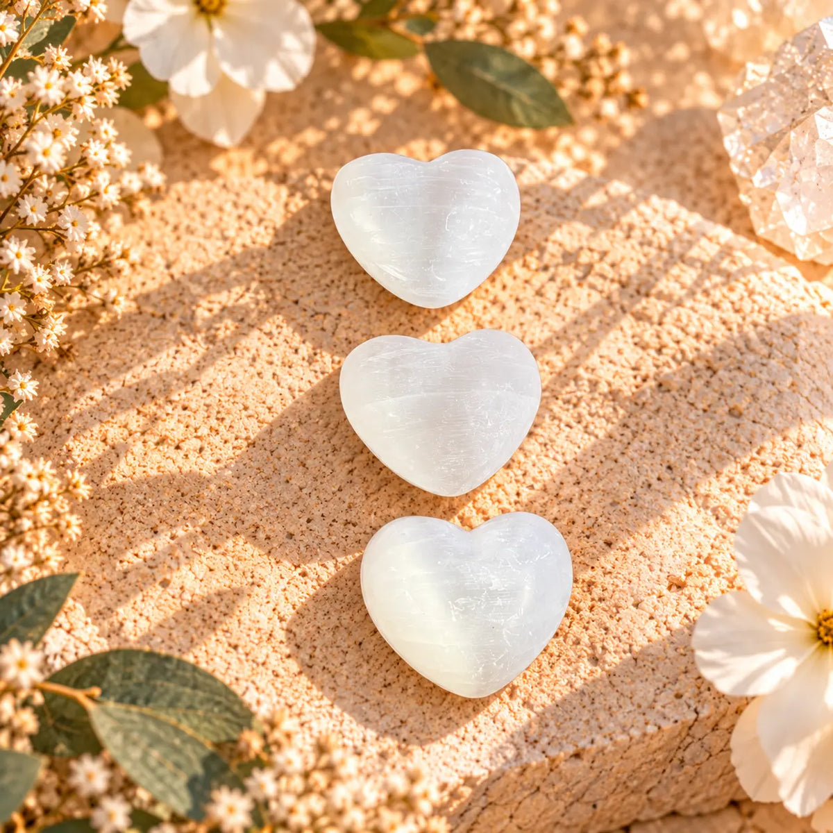 Three white Selenite crystal hearts approximately 4.5cm with flowers and greenery