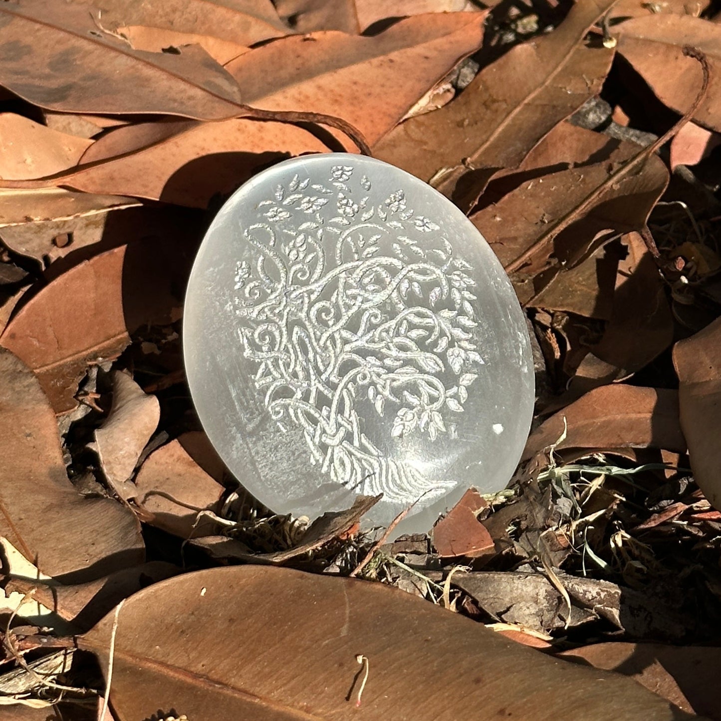 selenite palm stone australia tree engraved crystal healing peace clarity energy cleansing