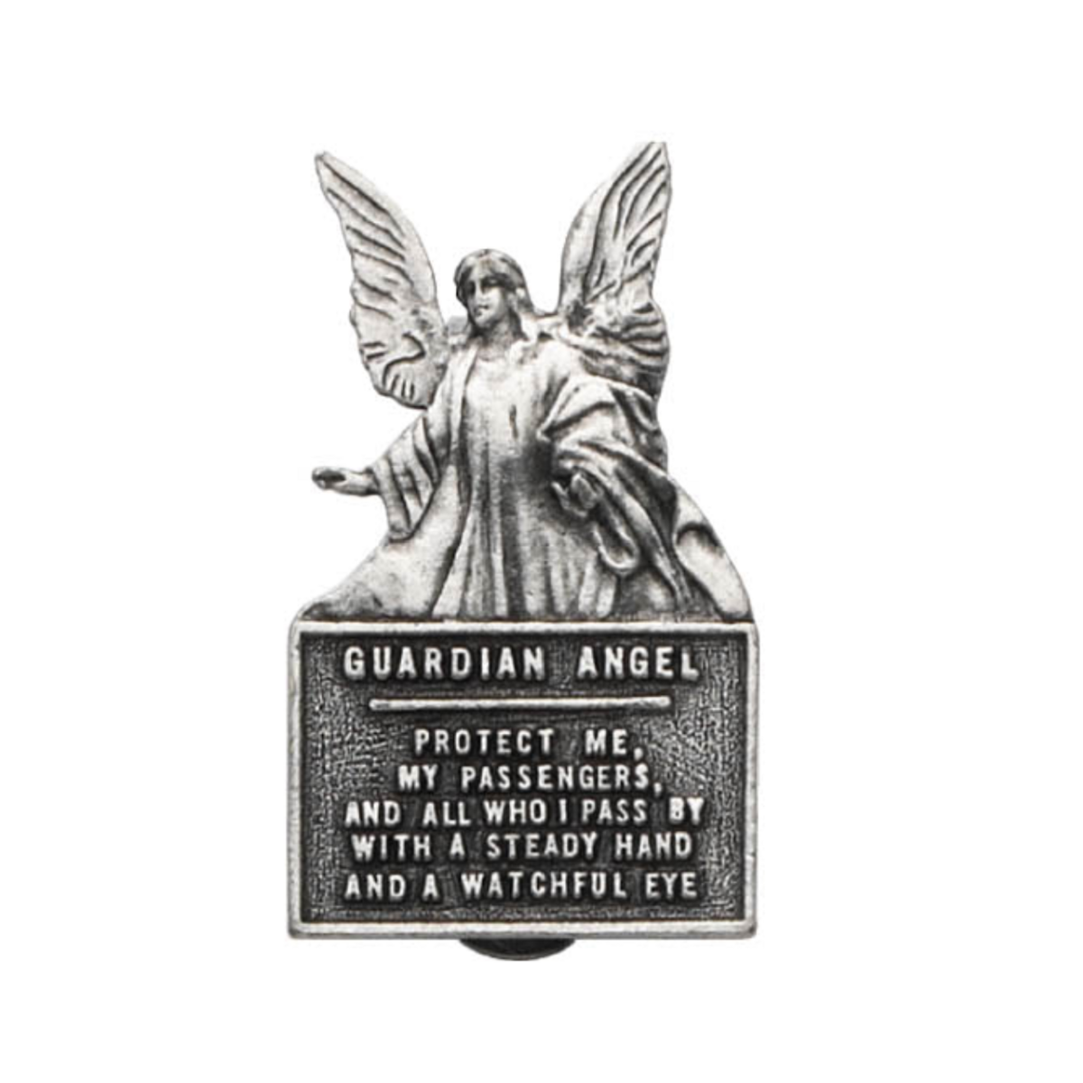 Silver-tone Guardian Angel sun visor clip with driver and passenger protection prayer
