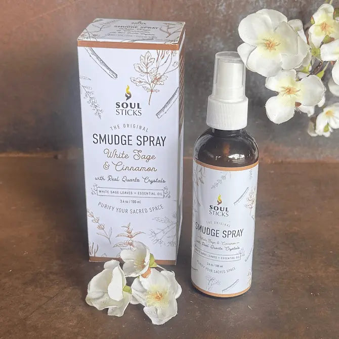 Soul Sticks White Sage and Cinnamon Smudge Spray 100ml with quartz crystals for smoke-free spiritual cleansing