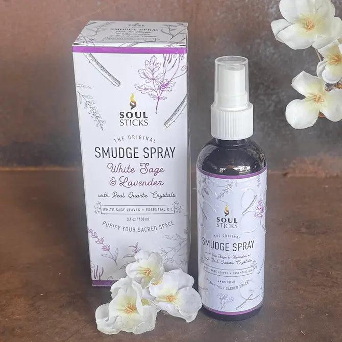 Soul Sticks White Sage and Lavender Smudge Spray 100ml with quartz crystals for smoke-free cleansing and calm