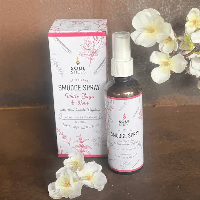 Soul Sticks White Sage and Rose Smudge Spray 100ml with quartz crystals for love, compassion and spiritual cleansing