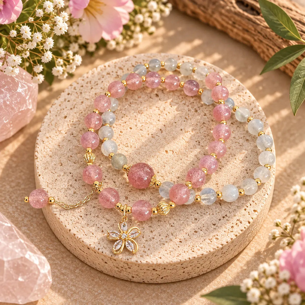 Pink Strawberry Quartz and Labradorite twist bracelet with flower charm