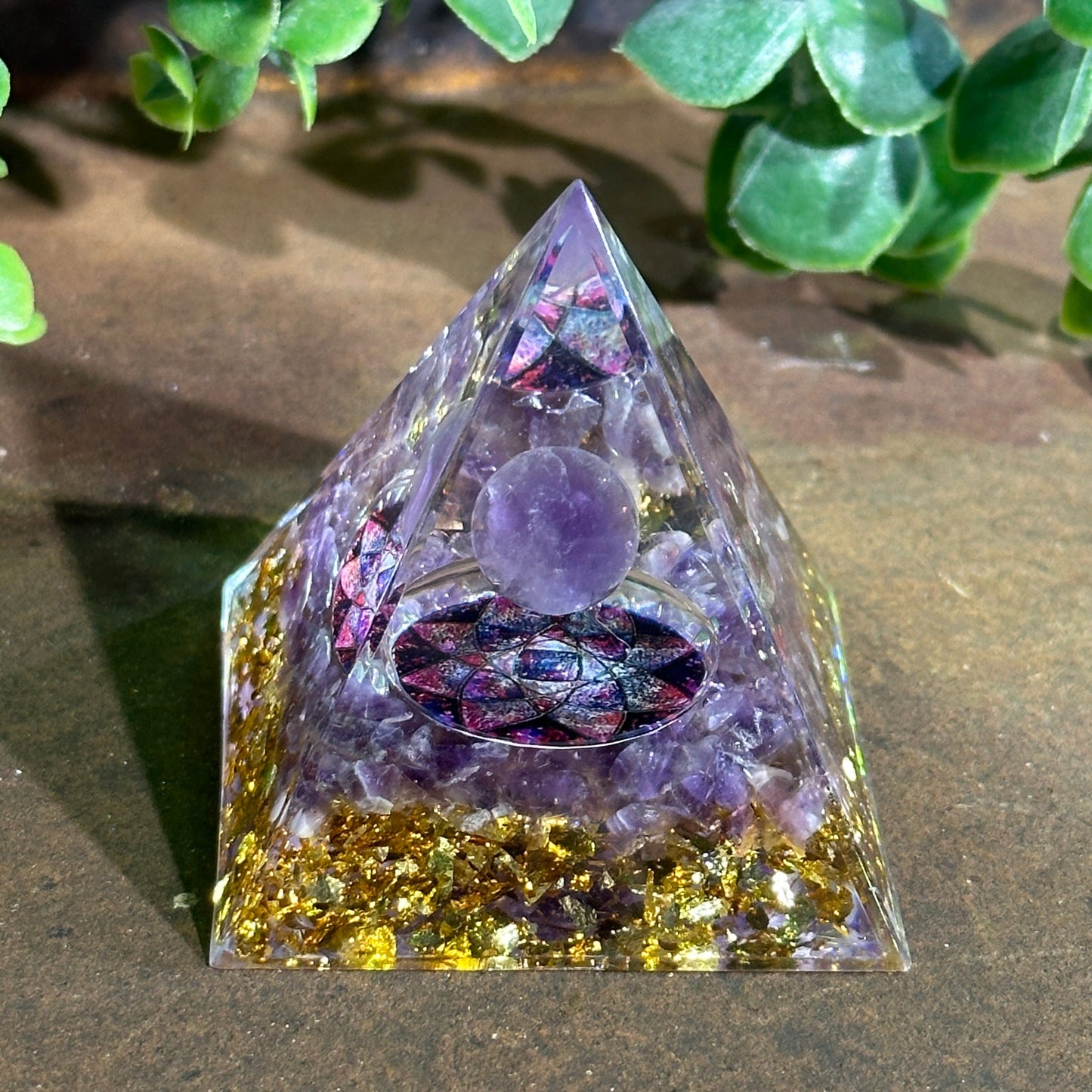 Amethyst orgonite pyramid for calm, emotional healing, energy balance, and spiritual protection