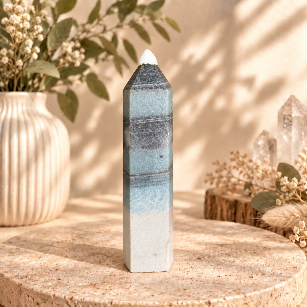 Trolleite crystal tower 351g, 15.3cm tall, exact photographed piece with protective tip cover.