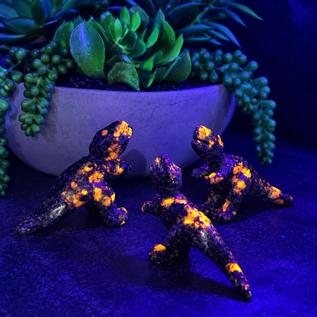 Yooperlite T-Rex dinosaur carving glowing orange under UV light