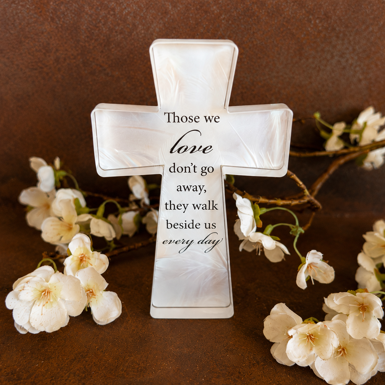 Those We Love freestanding glass cross with inscription those we love don't go away they walk beside us every day memorial gift Australia