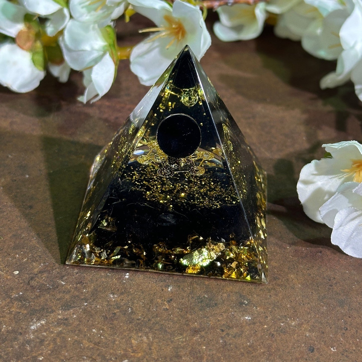 onyx orgonite pyramid metatrons cube for protection, grounding, clarity, and emotional balance