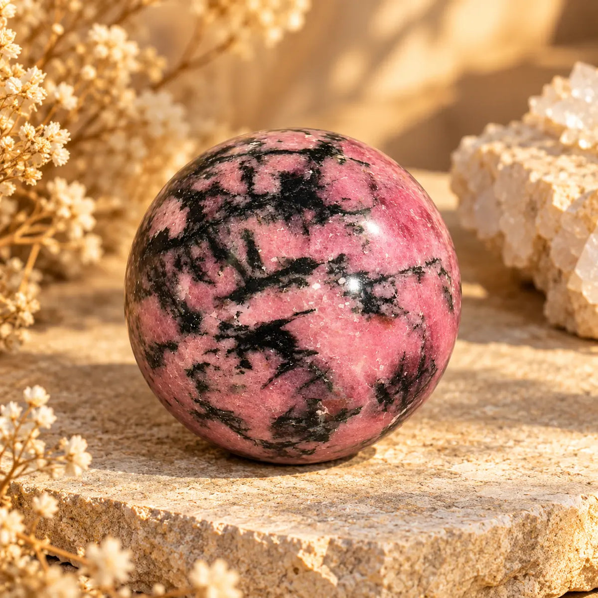Rhodonite crystal sphere approximately 4cm with natural pink and black markings