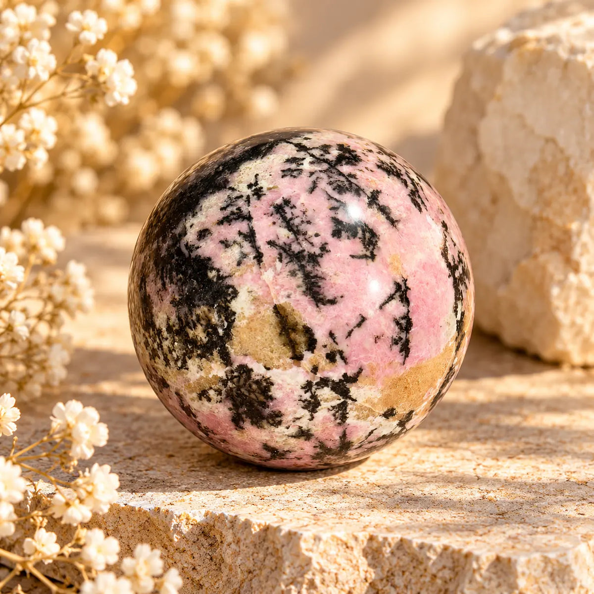 Rhodonite crystal sphere approximately 6cm with pink and black natural patterning on stone