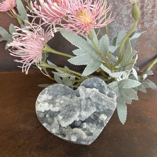 702g Sphalerite Heart Specimen with dark grey and silver-toned crystal formation carved into a heart shape