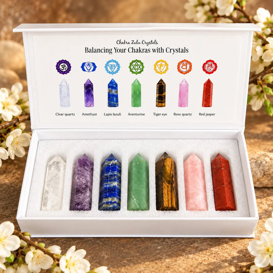Seven crystal chakra tower set with Clear Quartz, Amethyst, Lapis Lazuli, Green Aventurine, Tiger's Eye, Rose Quartz and Red Jasper