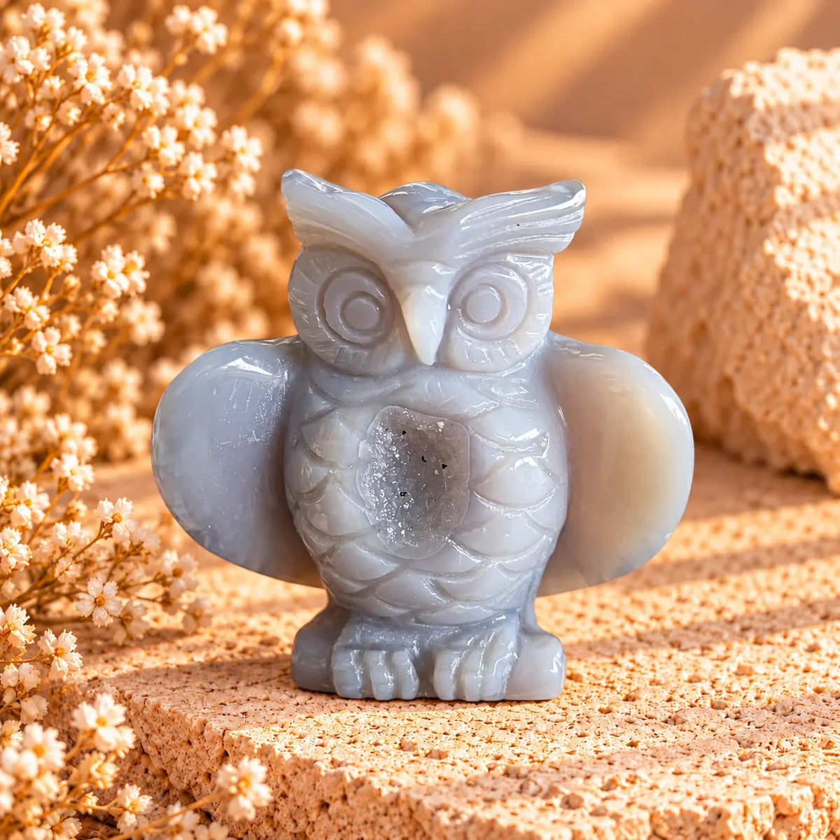 Agate crystal owl carving with natural geode for wisdom, grounding and protection