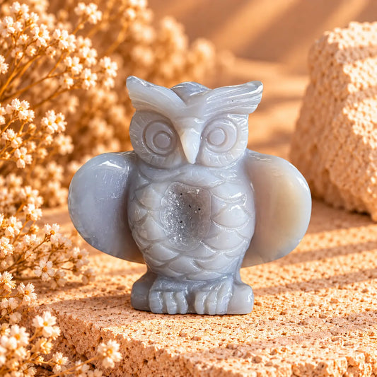 Agate crystal owl carving with natural geode for wisdom, grounding and protection