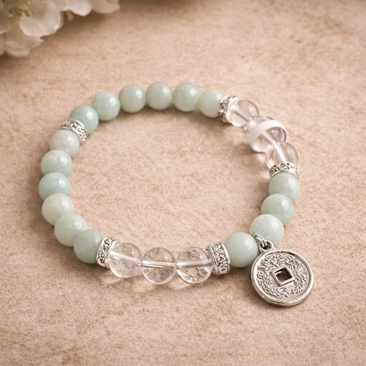 Amazonite and Clear Quartz spiritual bracelet with Lucky Coin Charm for clarity, emotional healing, and abundance