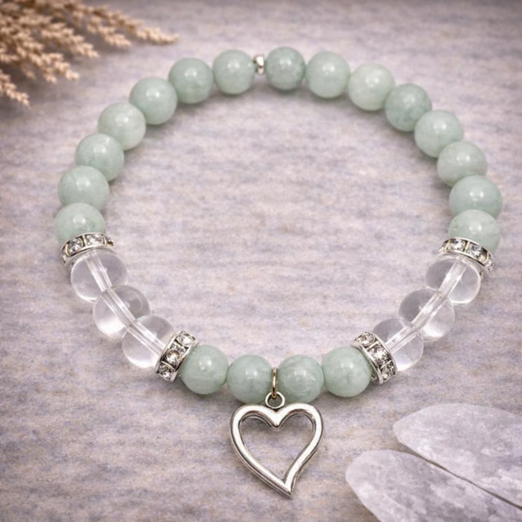 Amazonite & Clear Quartz Crystal Bracelet with Heart Charm – Emotional Healing, Clarity & Spiritual Balance
