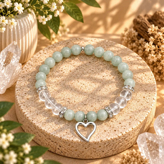 Amazonite and Clear Quartz 8mm crystal bracelet with silver heart charm
