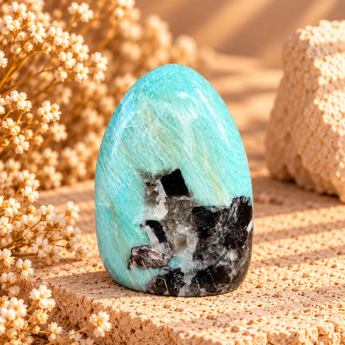Amazonite crystal dome front view showing green blue banding