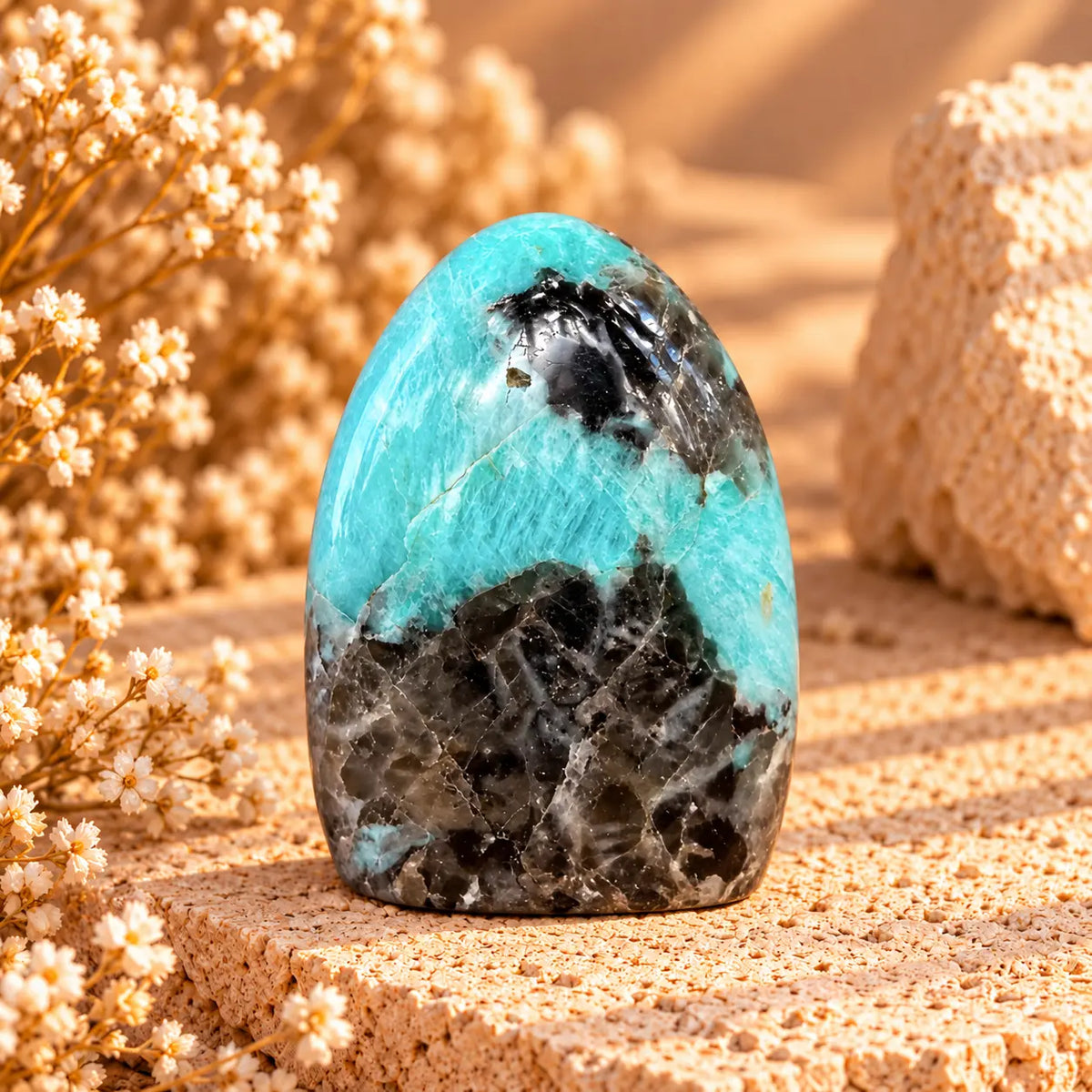 Amazonite crystal dome side view showing natural colour and pattern