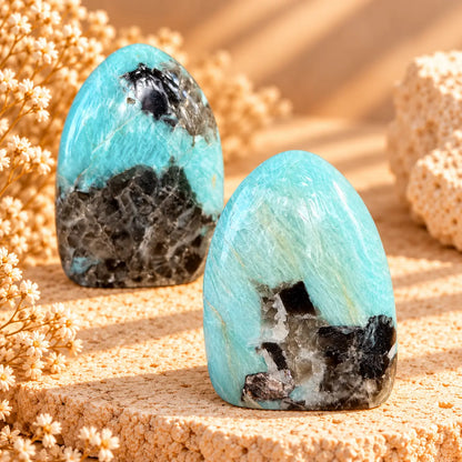 Amazonite crystal dome on warm cream stone background