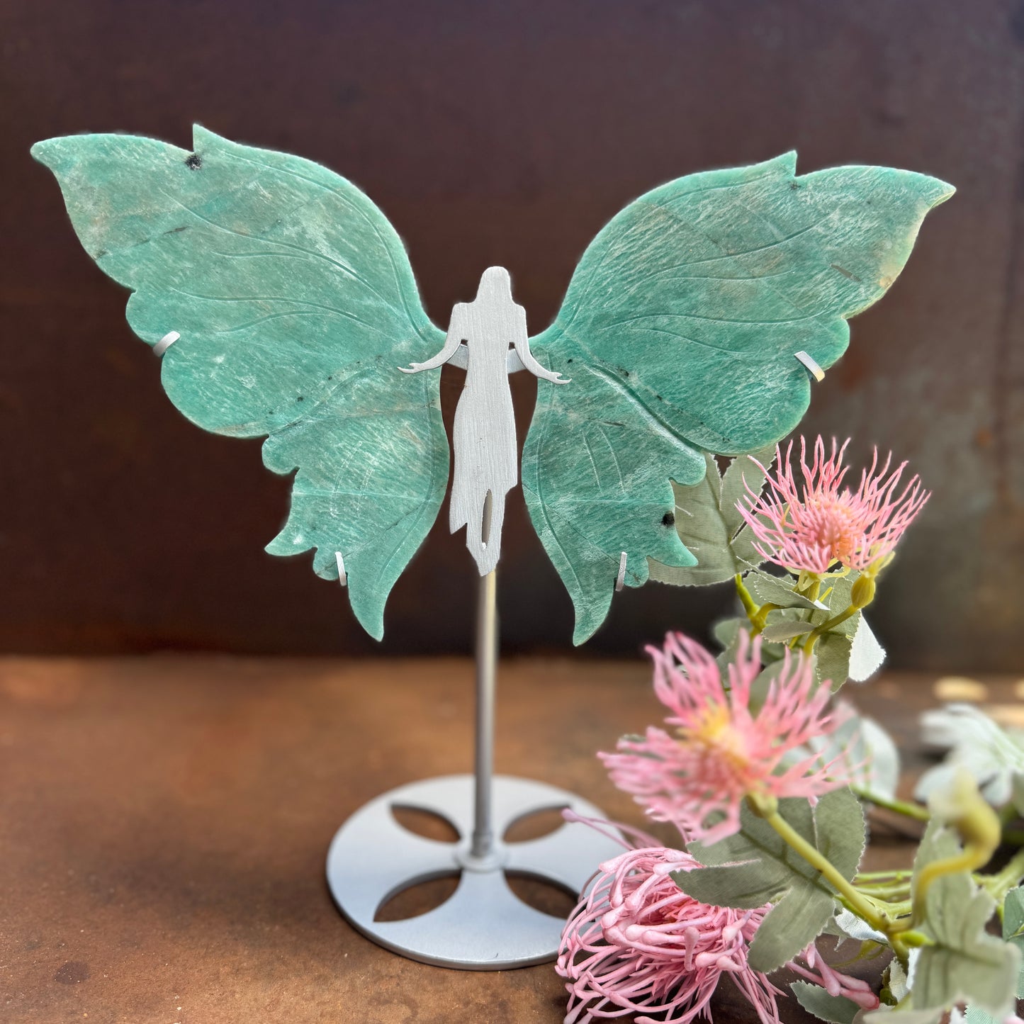 Amazonite Crystal Wings on Angel Stand for emotional healing, spiritual protection, clarity, and calm energy