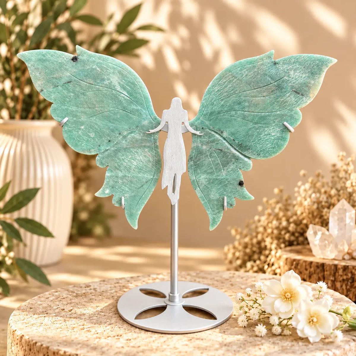 Amazonite Crystal Wings on Angel Stand for emotional healing, spiritual protection, clarity, and calm energy