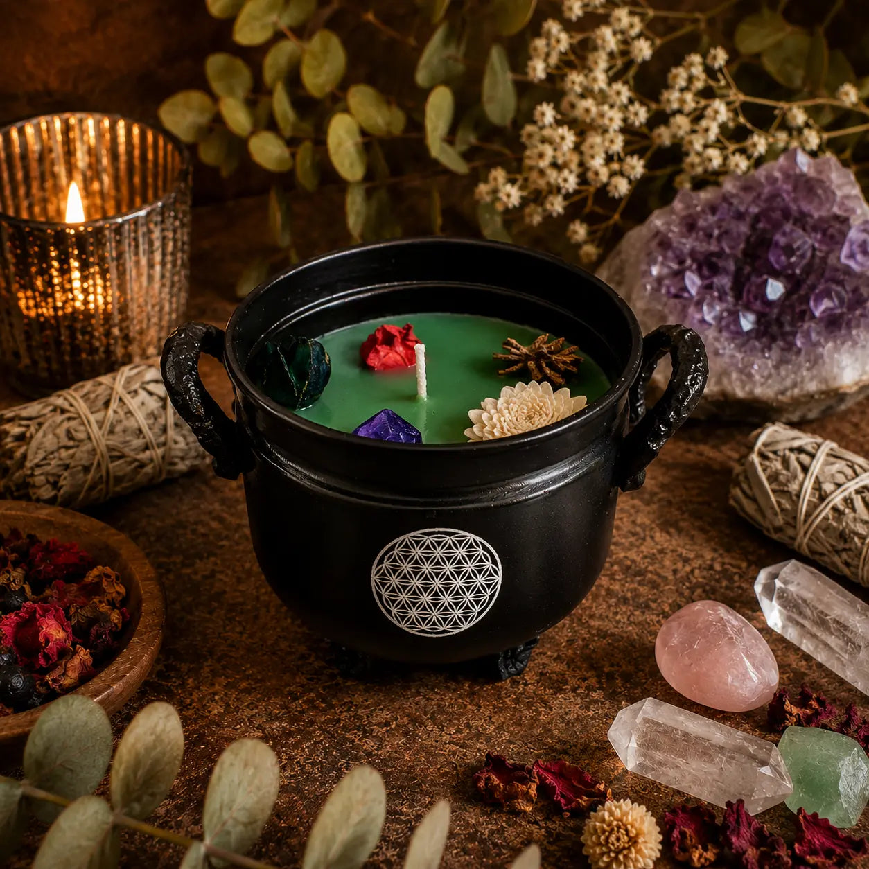 Amber Patchouli Flower of Life Cauldron Candle (326g) – Grounding & Sacred Energy