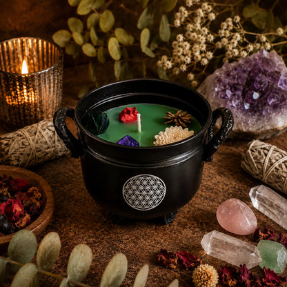 Amber Patchouli Flower of Life Cauldron Candle (326g) – Grounding & Sacred Energy