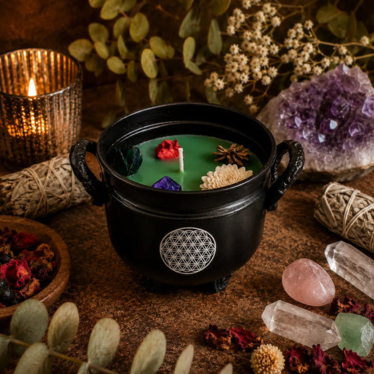 Amber Patchouli Flower of Life Cauldron Candle (326g) – Grounding & Sacred Energy