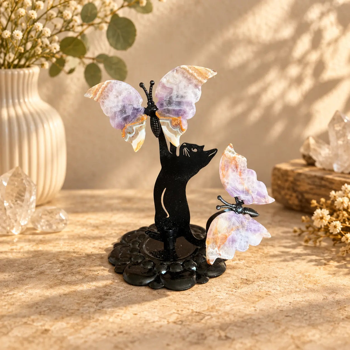 Amethyst and Agate butterfly crystal sculpture with two butterflies on black cat stand