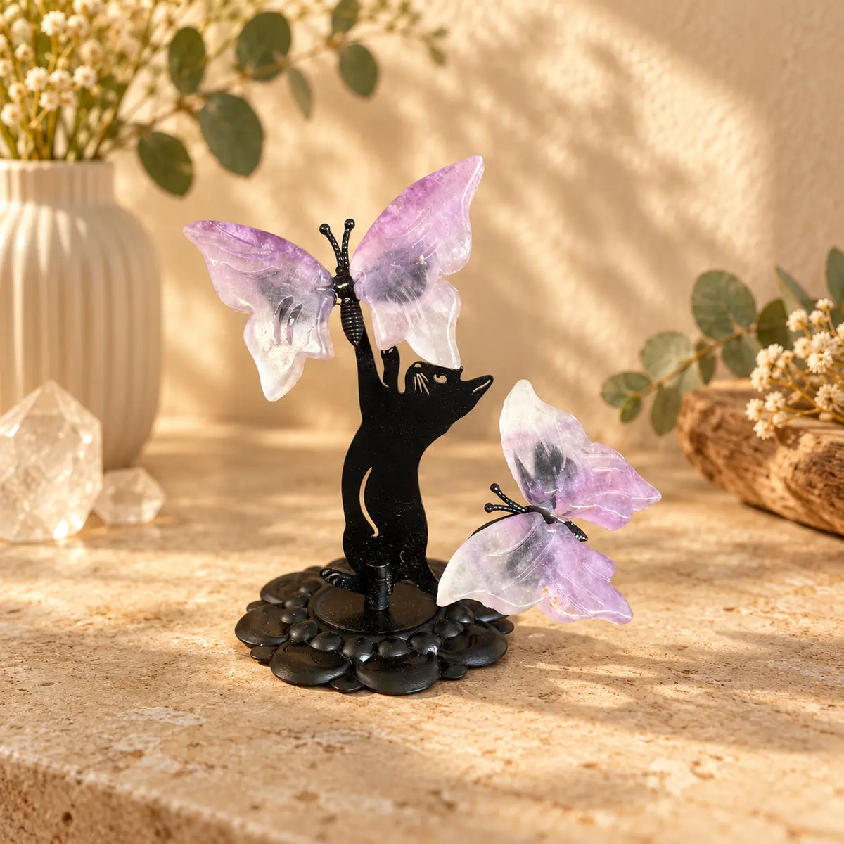 Amethyst butterfly crystal sculpture with two butterflies on black cat stand